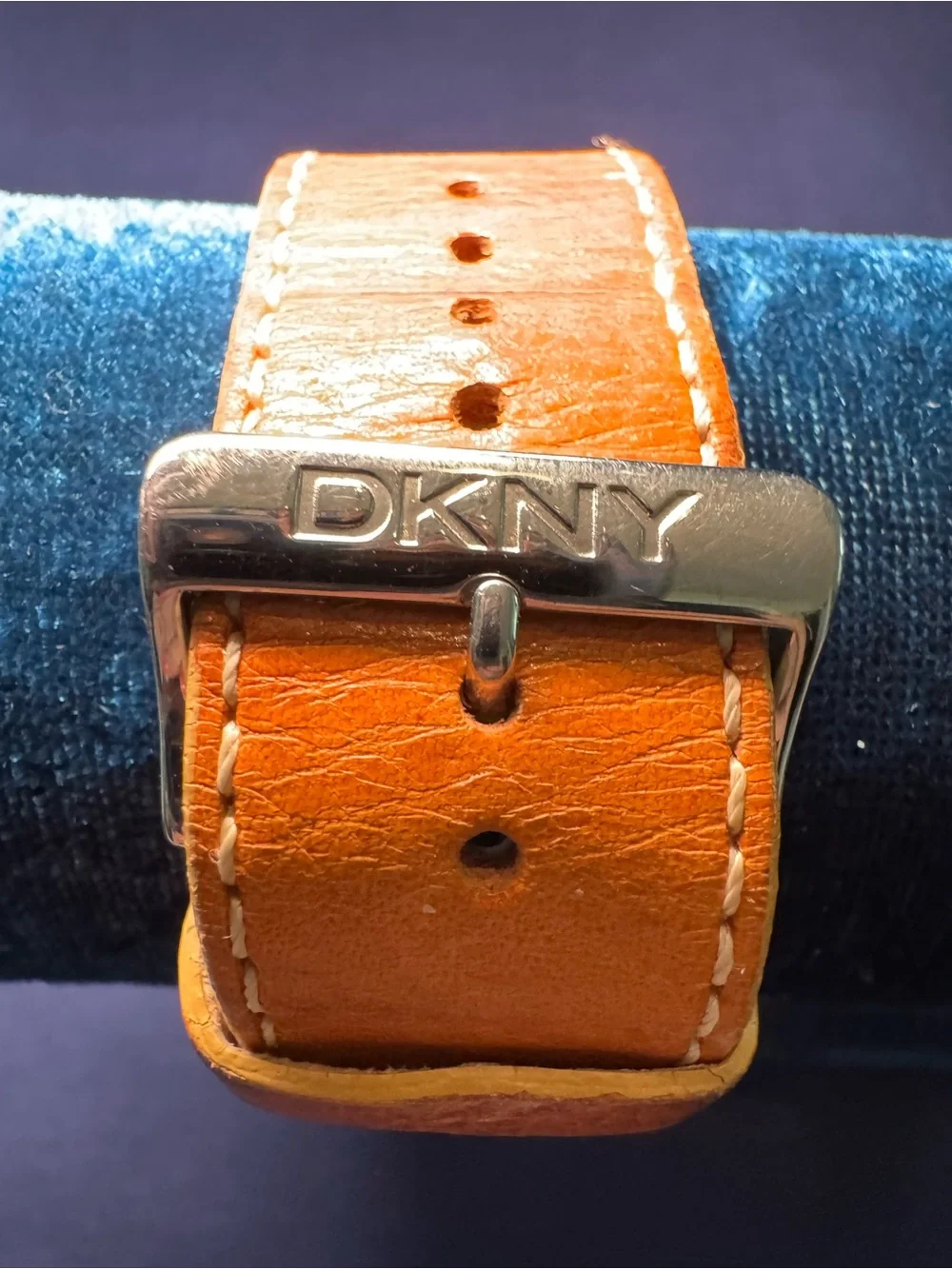 DKNY Silver Square Case Watch with Tan Leather Strap